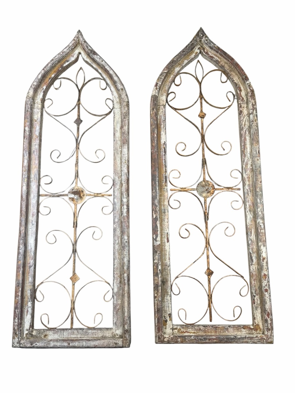Set of 2 Vintage Whitewashed Wooden Gothic Style Cathedral Arch Window Frames